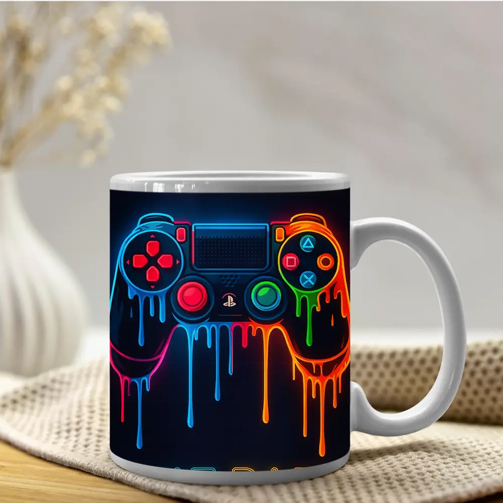 Neon Dripping Gaming Controller Dark Background – Mugs
