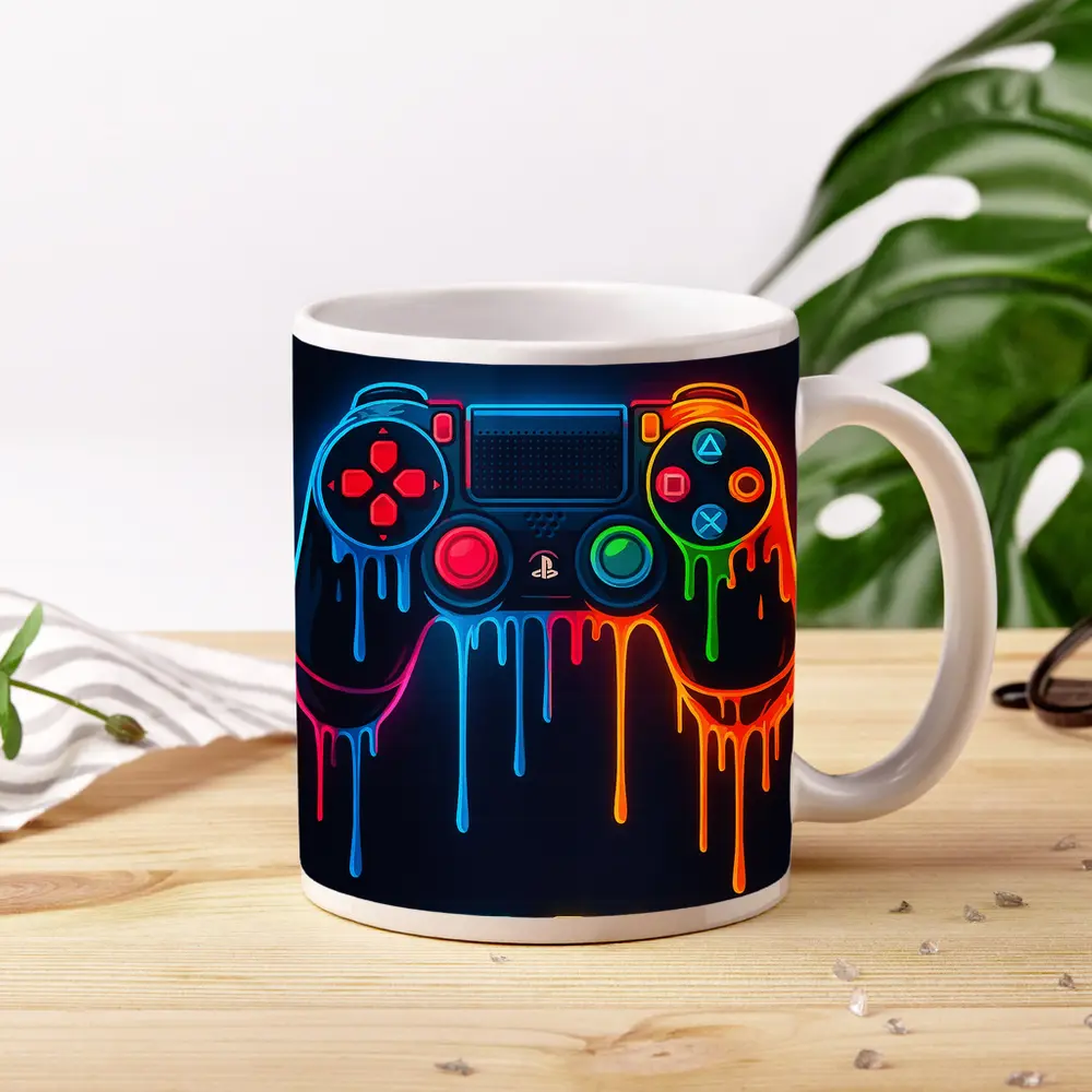 Neon Dripping Gaming Controller Dark Background – Mugs