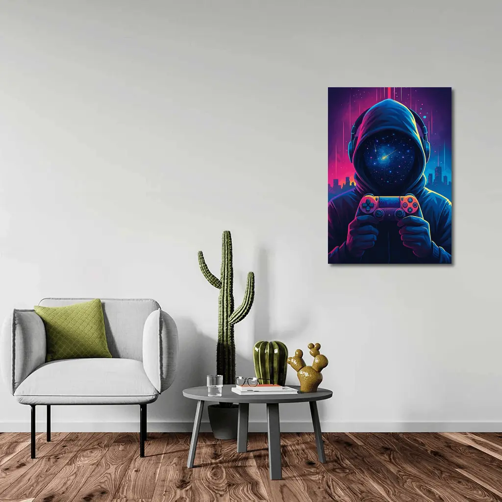 Hooded Gamer Neon City Night Sky – Wall Art