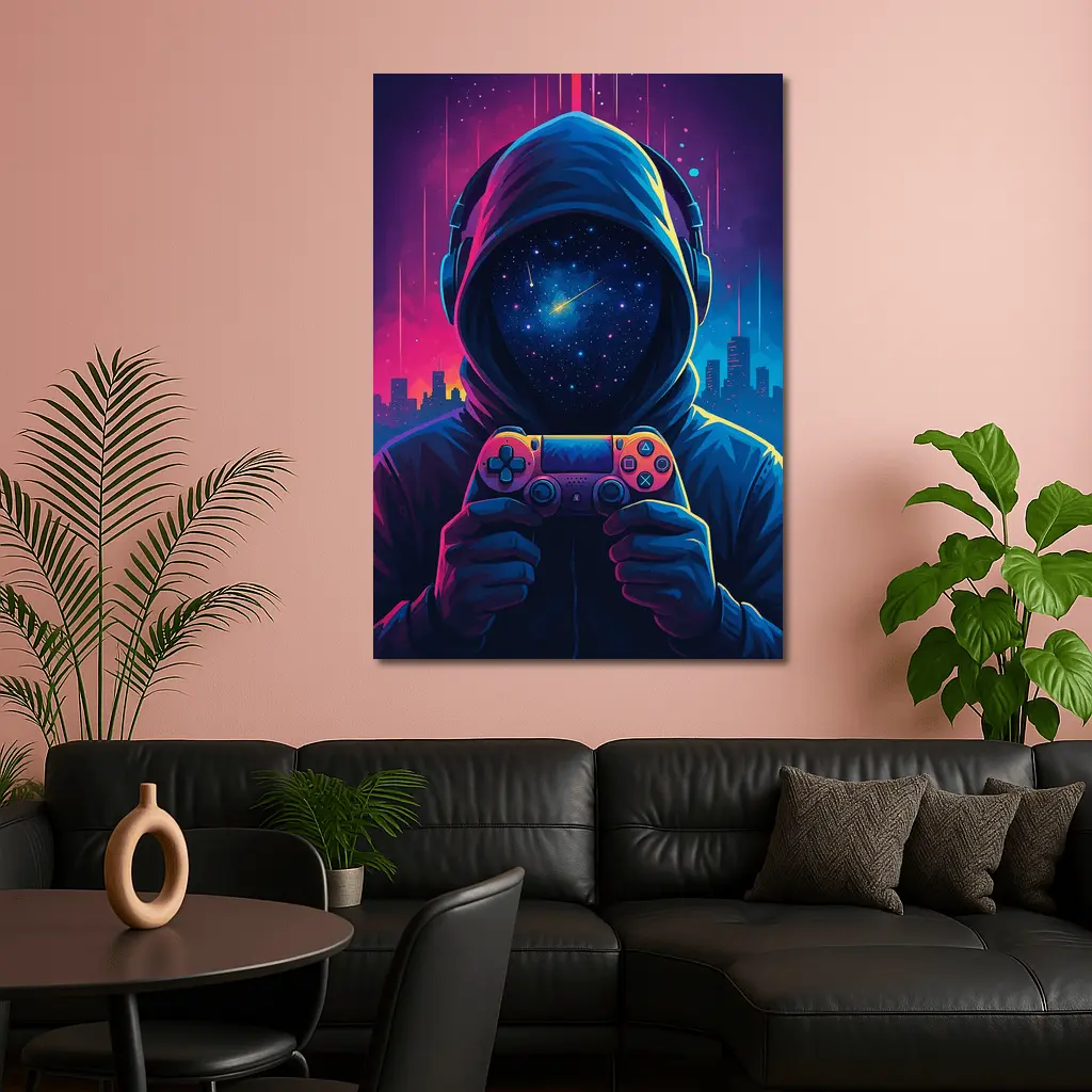 Hooded Gamer Neon City Night Sky – Wall Art