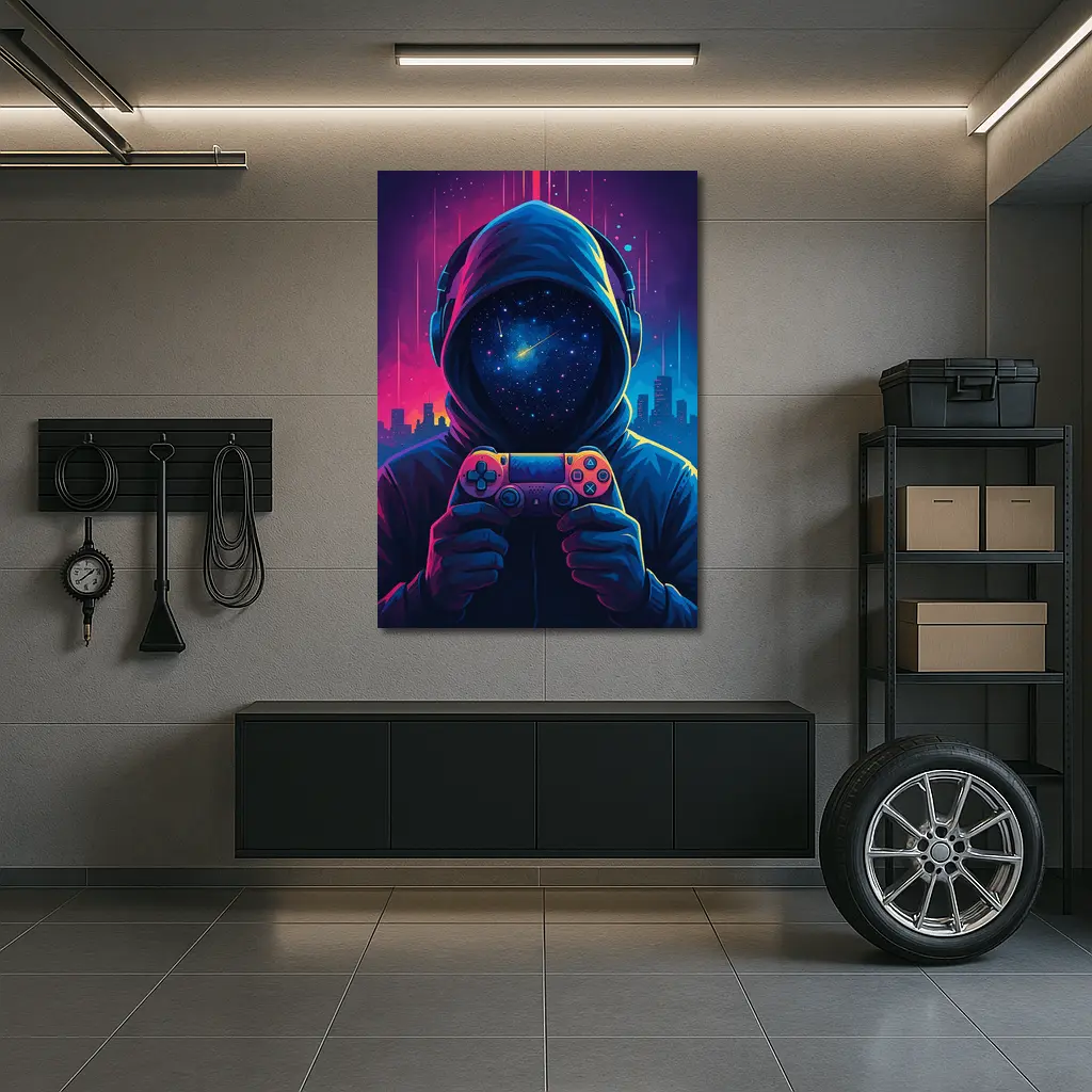 Hooded Gamer Neon City Night Sky – Wall Art