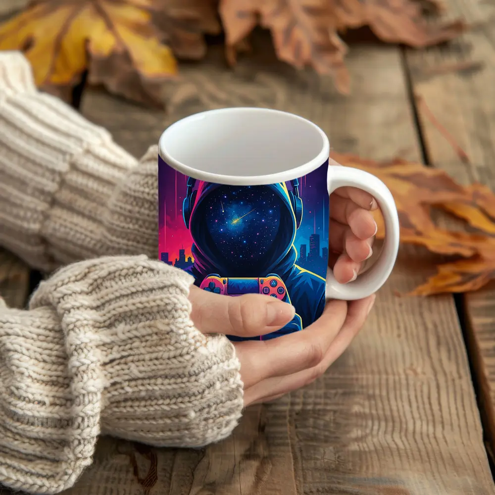 Hooded Gamer Neon City Night Sky – Mugs