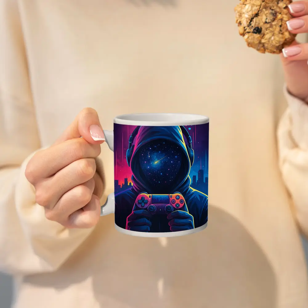 Hooded Gamer Neon City Night Sky – Mugs