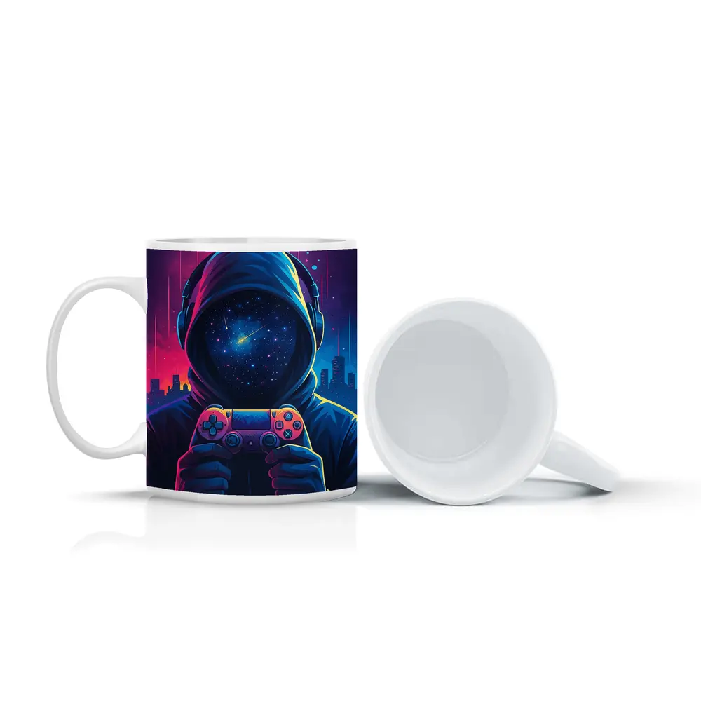 Hooded Gamer Neon City Night Sky – Mugs