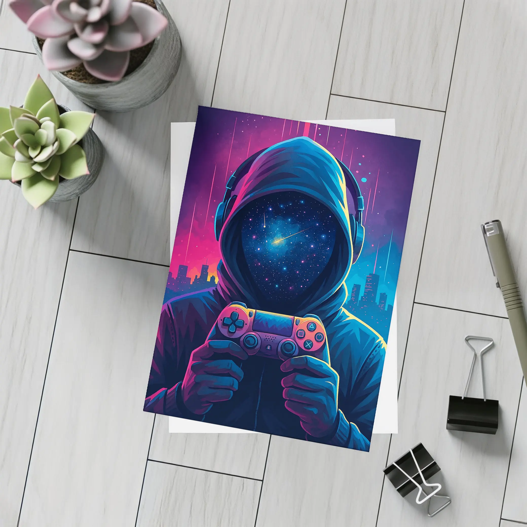 Hooded Gamer Neon City Night Sky – Postcards
