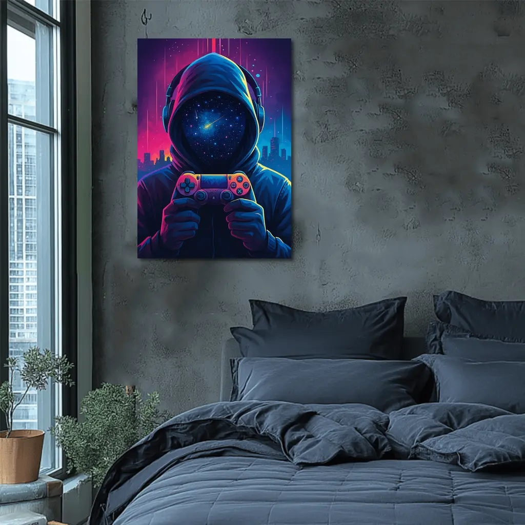 Hooded Gamer Controller Neon Cyberpunk City Night – Wall Art