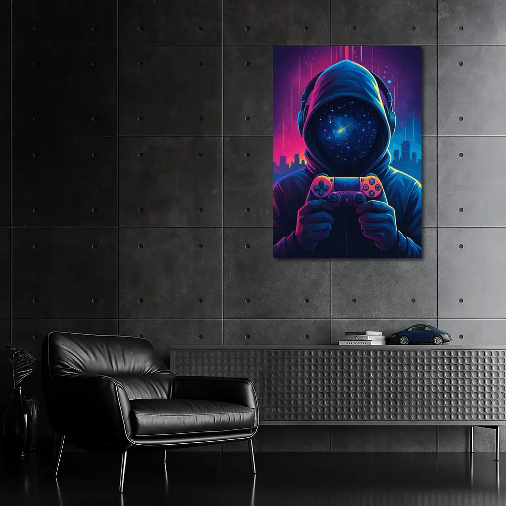 Hooded Gamer Controller Neon Cyberpunk City Night – Wall Art