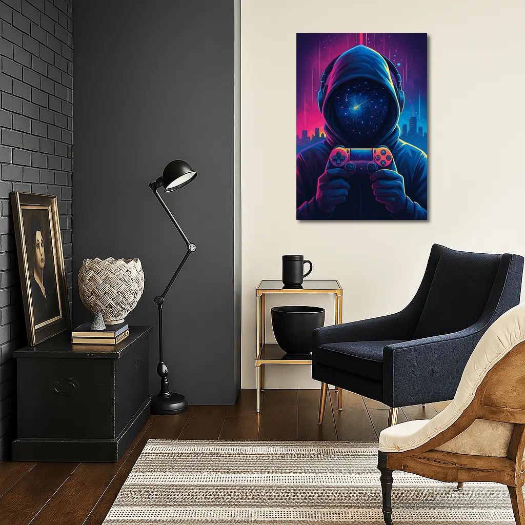 Hooded Gamer Controller Neon Cyberpunk City Night – Wall Art