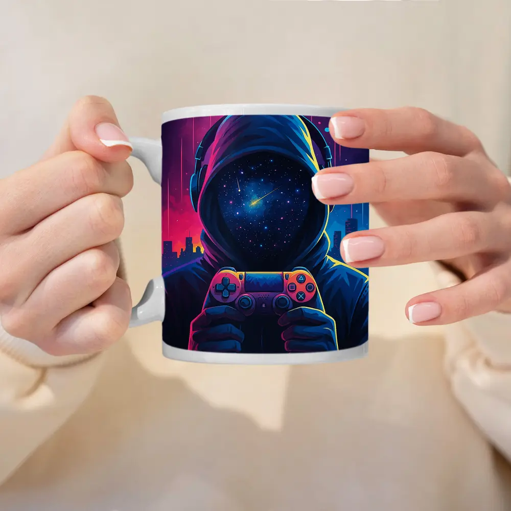 Hooded Gamer Controller Neon Cyberpunk City Night – Mugs