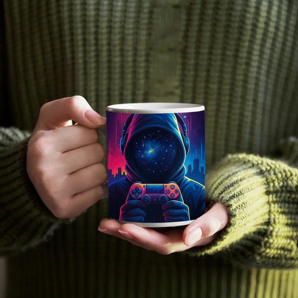 Hooded Gamer Controller Neon Cyberpunk City Night – Mugs