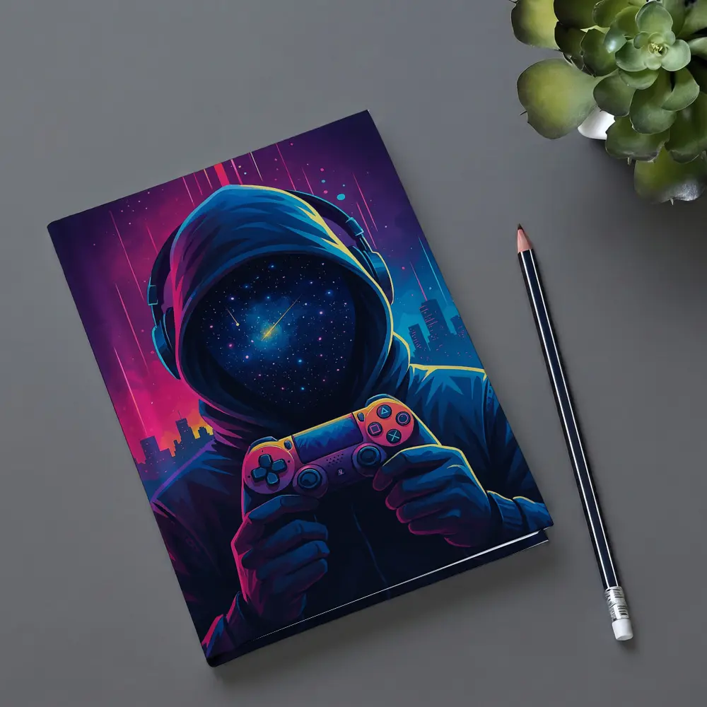 Hooded Gamer Controller Neon Cyberpunk City Night – Notebooks