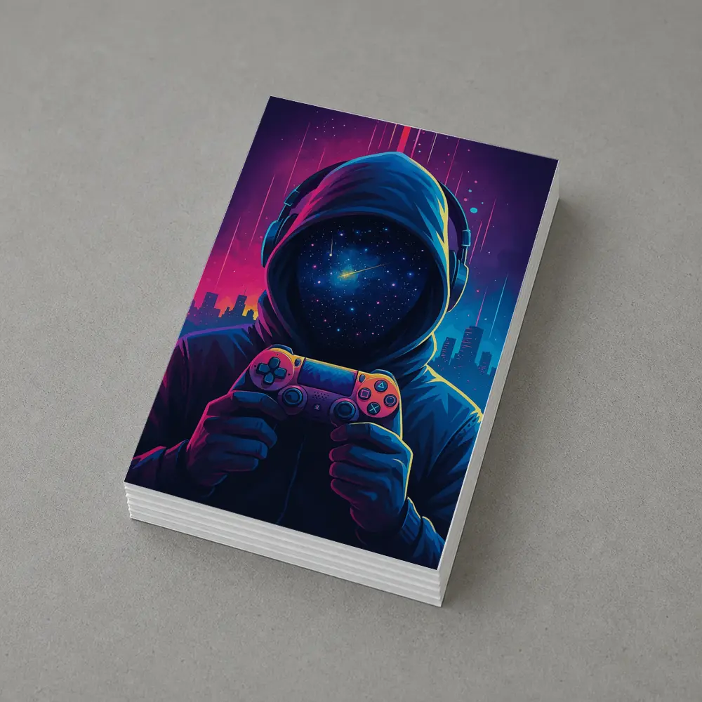 Hooded Gamer Controller Neon Cyberpunk City Night – Postcards