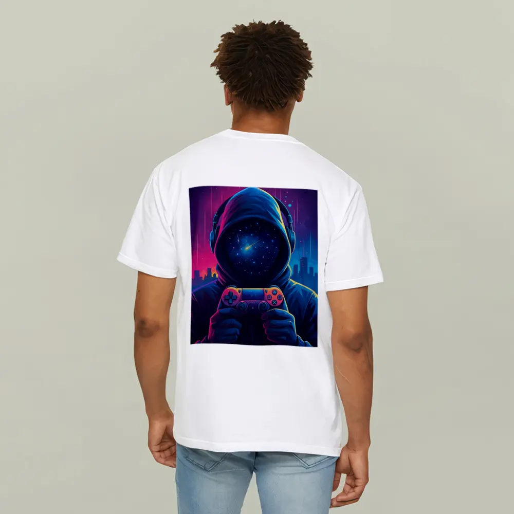 Hooded Gamer Controller Neon Cyberpunk City Night – T-Shirts