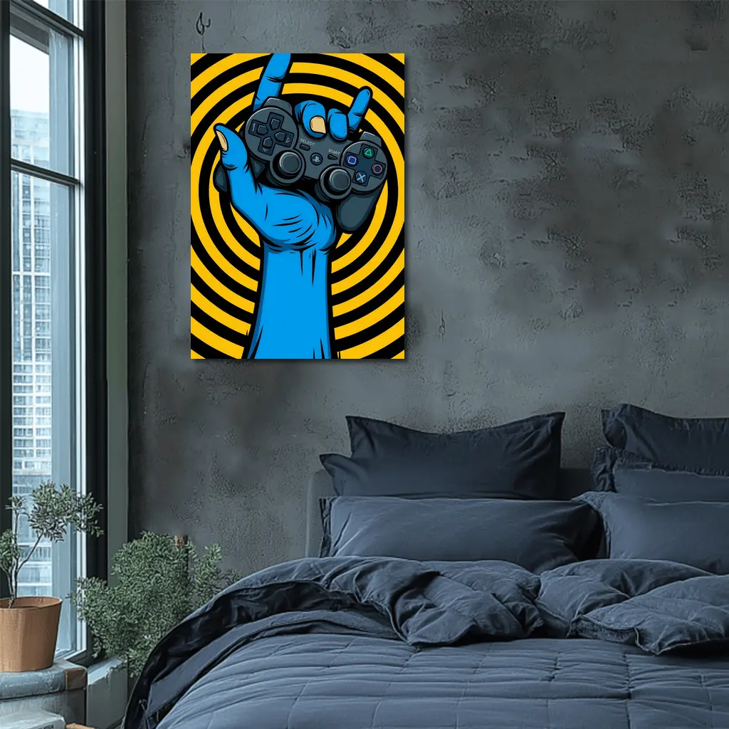Blue Hand Holding PlayStation Controller Yellow Swirl – Wall Art