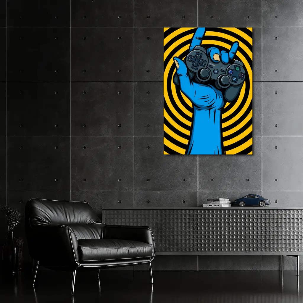 Blue Hand Holding PlayStation Controller Yellow Swirl – Wall Art