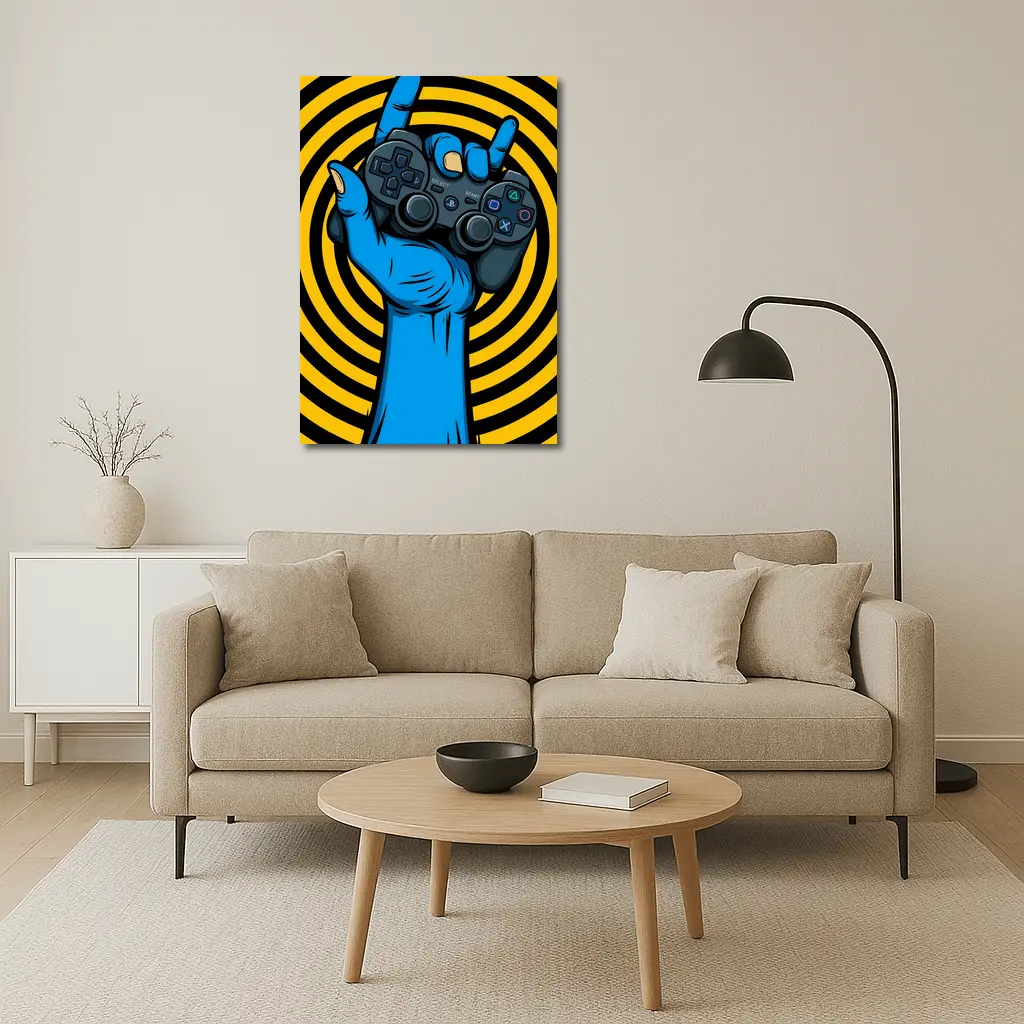 Blue Hand Holding PlayStation Controller Yellow Swirl – Wall Art