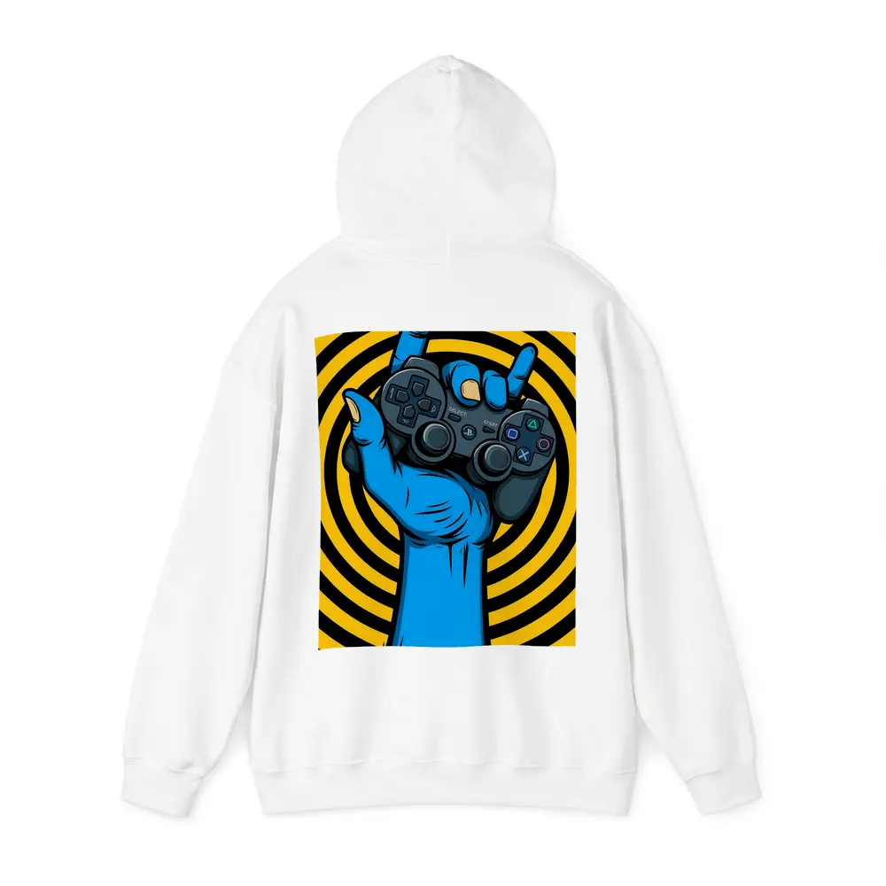 Blue Hand Holding PlayStation Controller Yellow Swirl – Hoodies