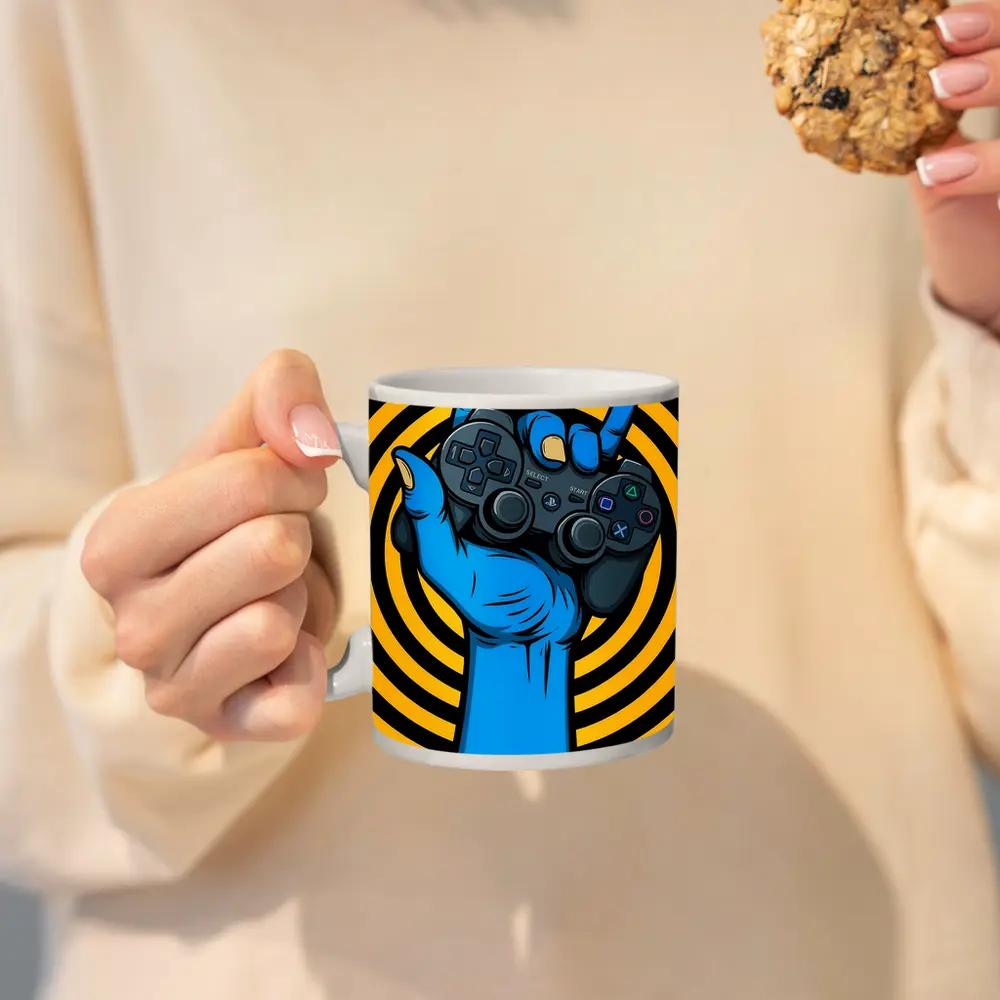 Blue Hand Holding PlayStation Controller Yellow Swirl – Mugs