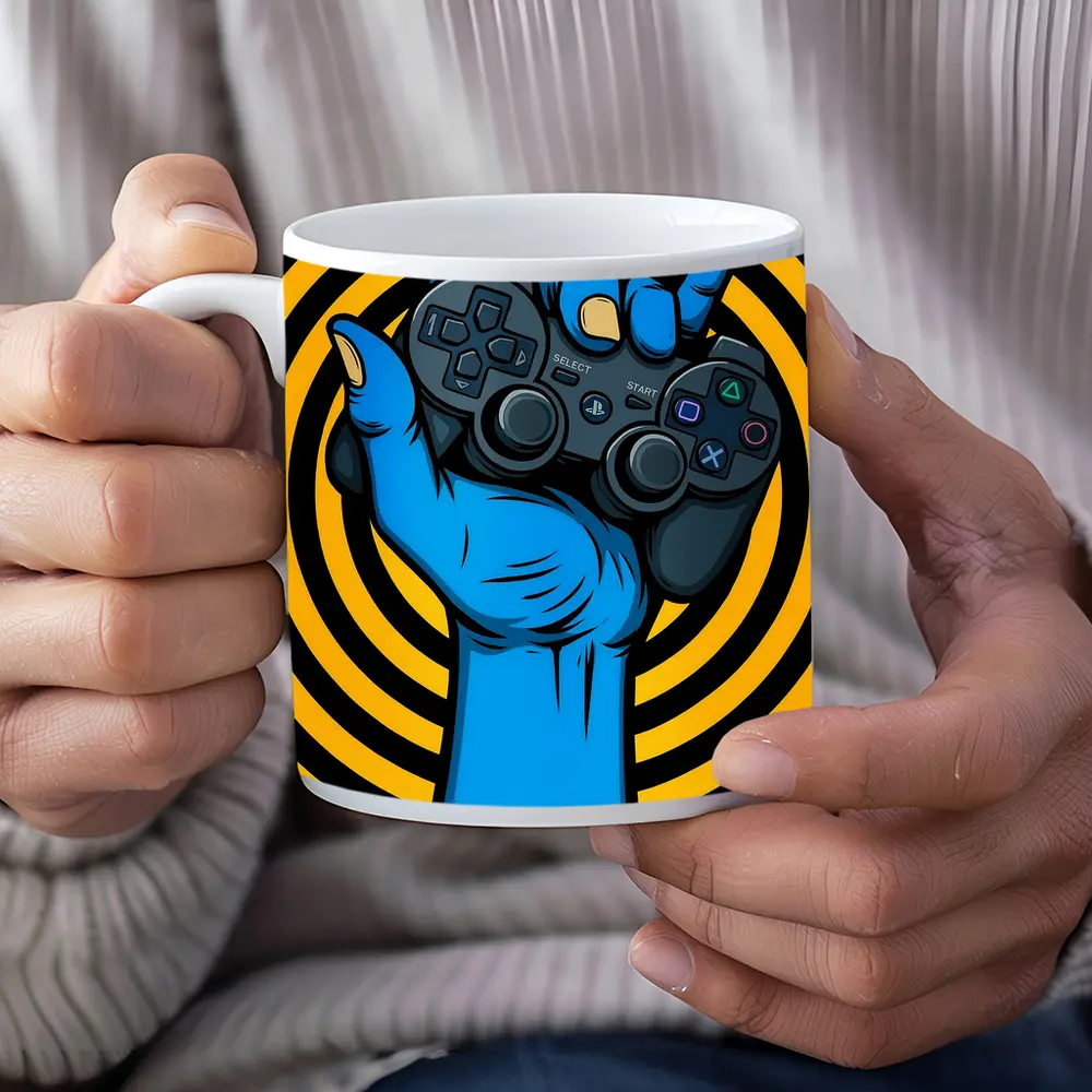 Blue Hand Holding PlayStation Controller Yellow Swirl – Mugs