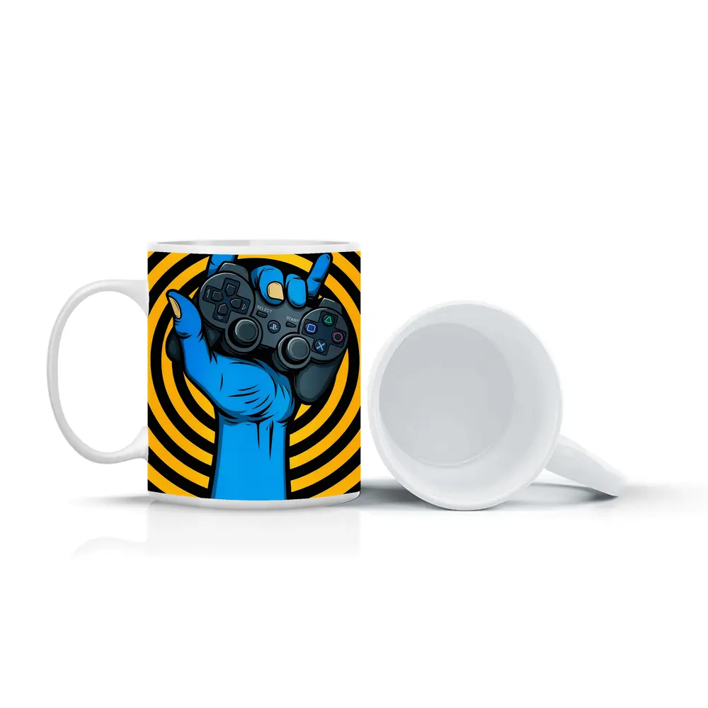 Blue Hand Holding PlayStation Controller Yellow Swirl – Mugs