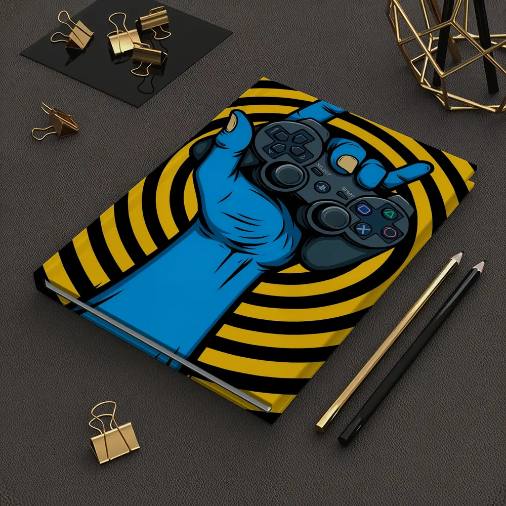 Blue Hand Holding PlayStation Controller Yellow Swirl – Notebooks