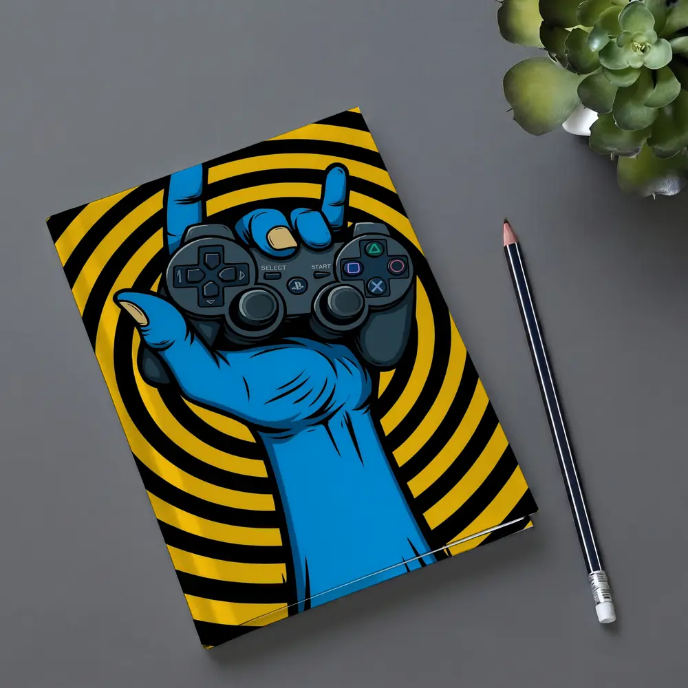 Blue Hand Holding PlayStation Controller Yellow Swirl – Notebooks