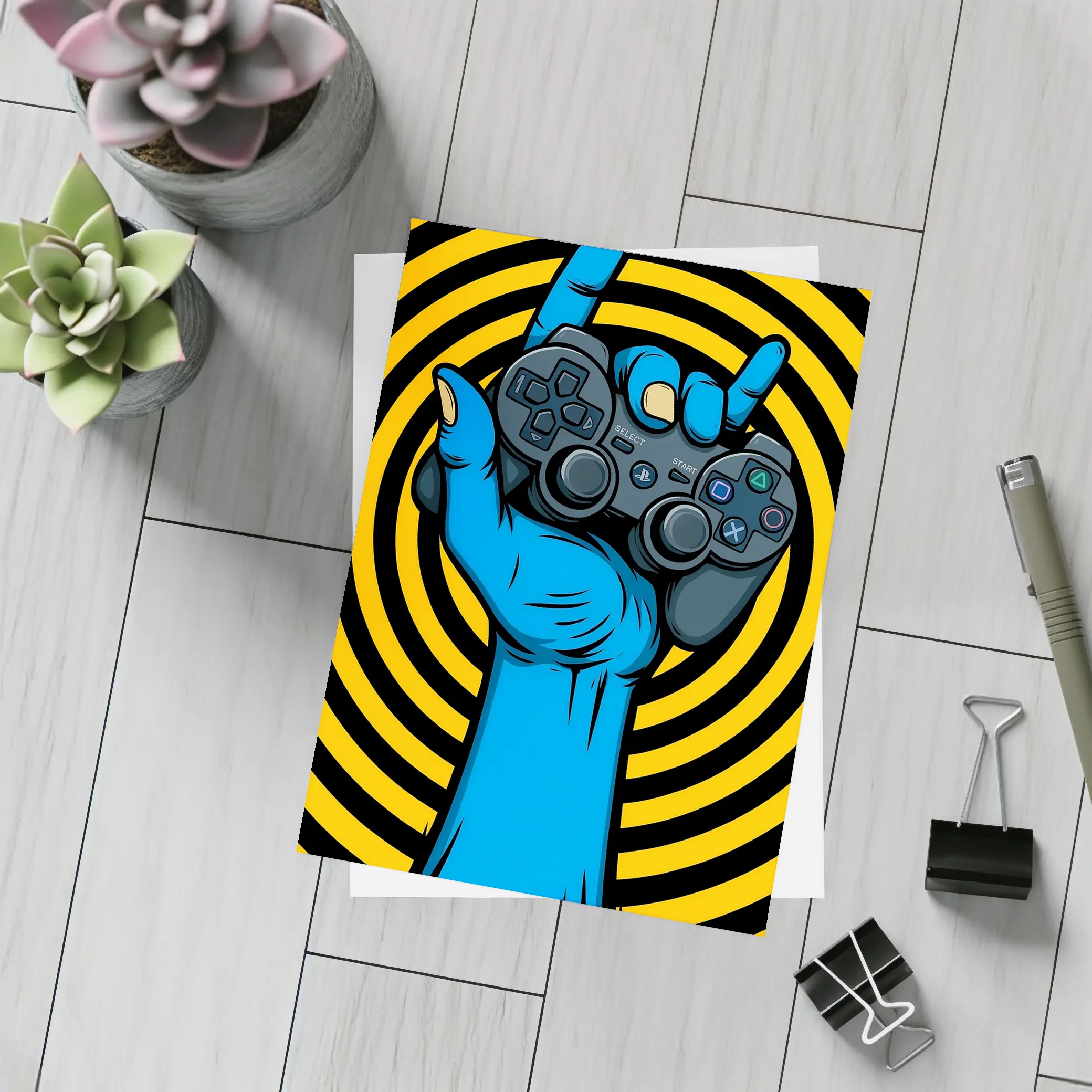 Blue Hand Holding PlayStation Controller Yellow Swirl – Postcards