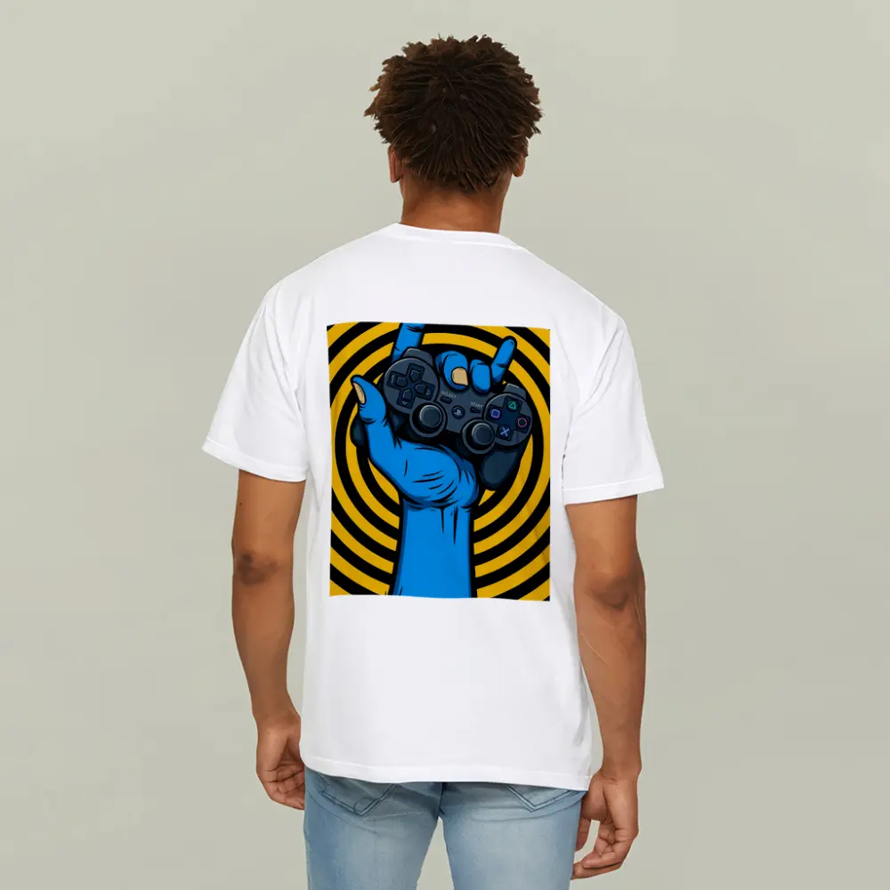 Blue Hand Holding PlayStation Controller Yellow Swirl – T-Shirts