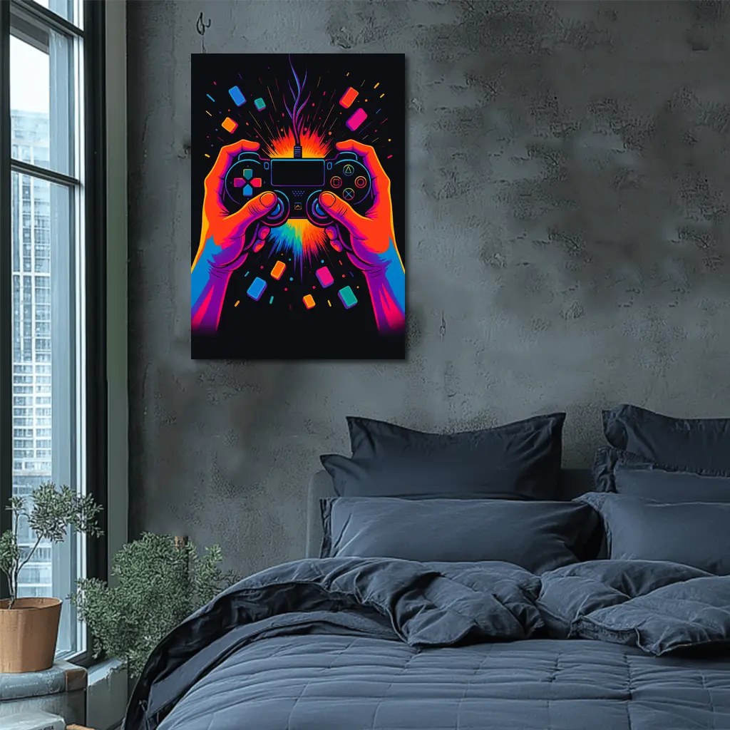 Neon Gaming Controller Hands Dark Background – Wall Art