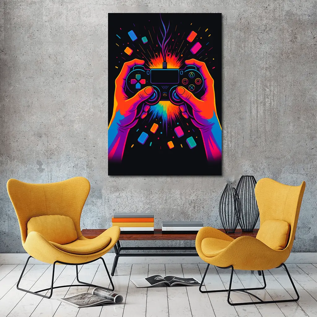 Neon Gaming Controller Hands Dark Background – Wall Art