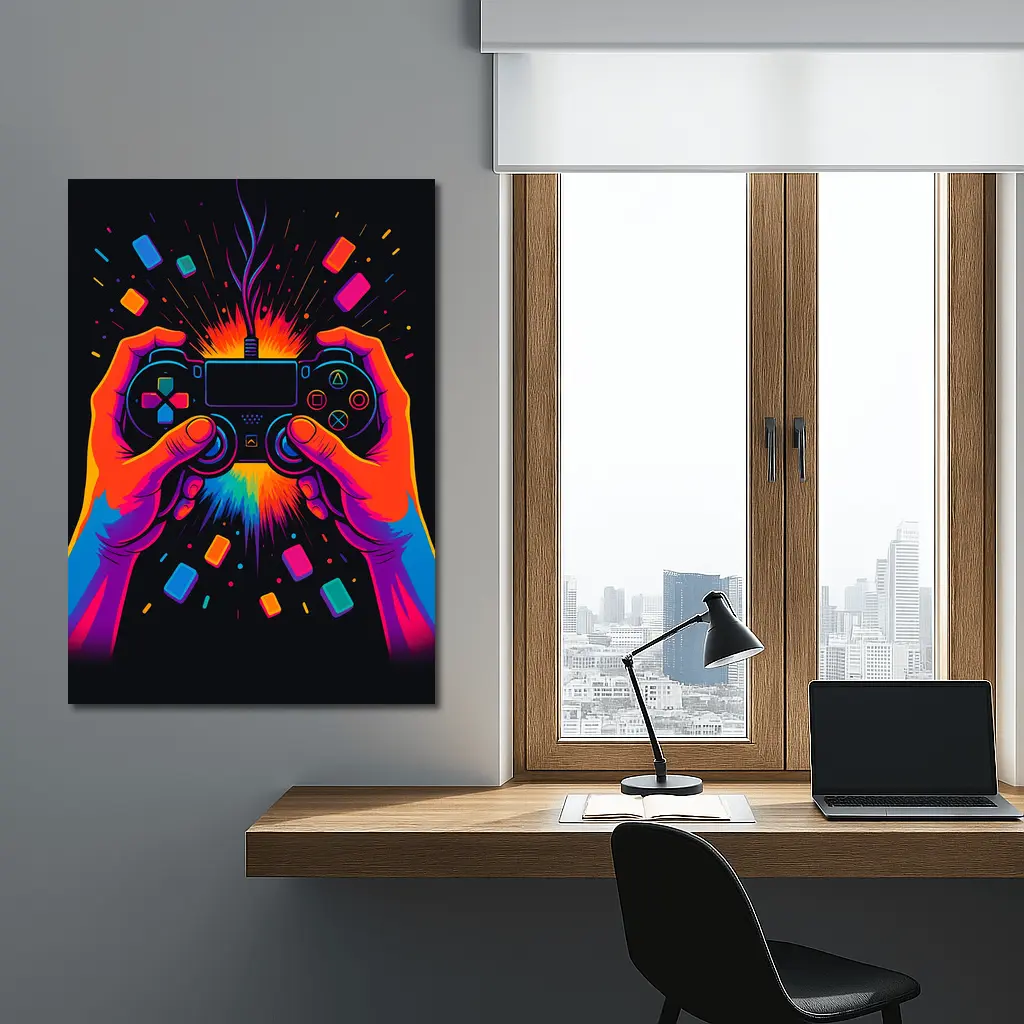 Neon Gaming Controller Hands Dark Background – Wall Art