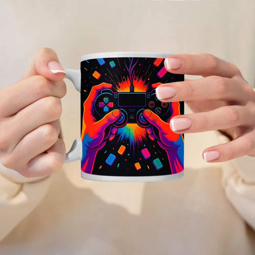 Neon Gaming Controller Hands Dark Background – Mugs