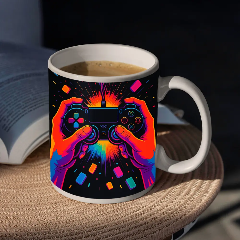 Neon Gaming Controller Hands Dark Background – Mugs