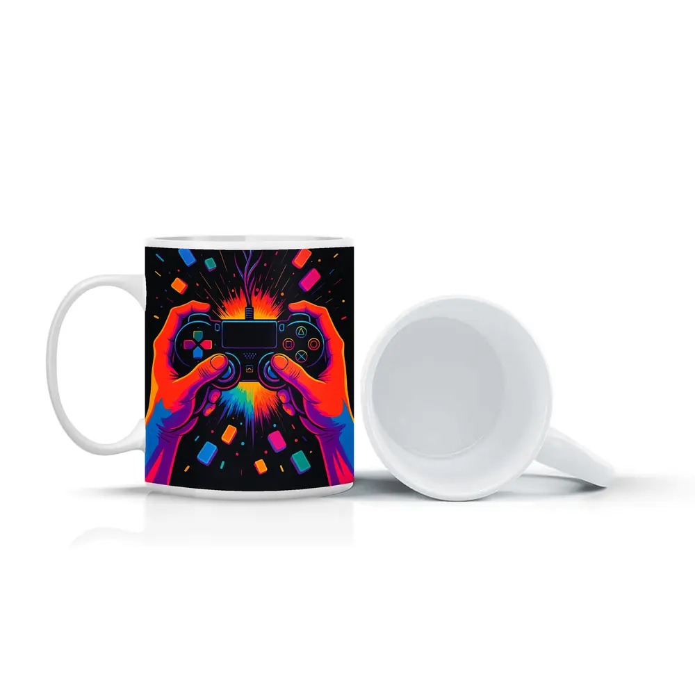 Neon Gaming Controller Hands Dark Background – Mugs