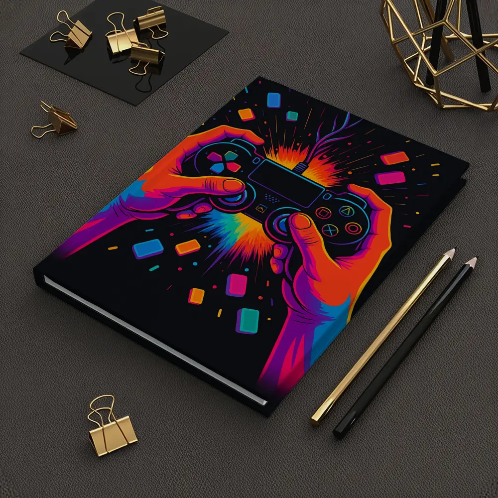 Neon Gaming Controller Hands Dark Background – Notebooks