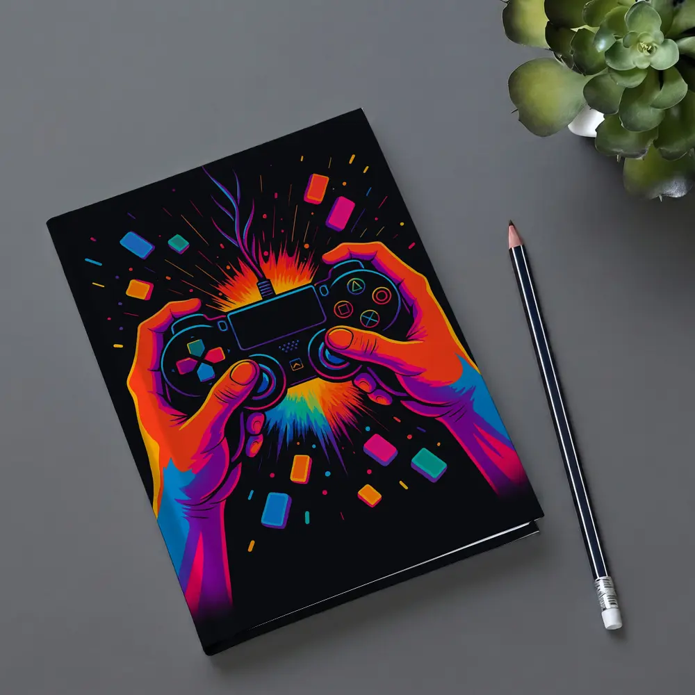 Neon Gaming Controller Hands Dark Background – Notebooks