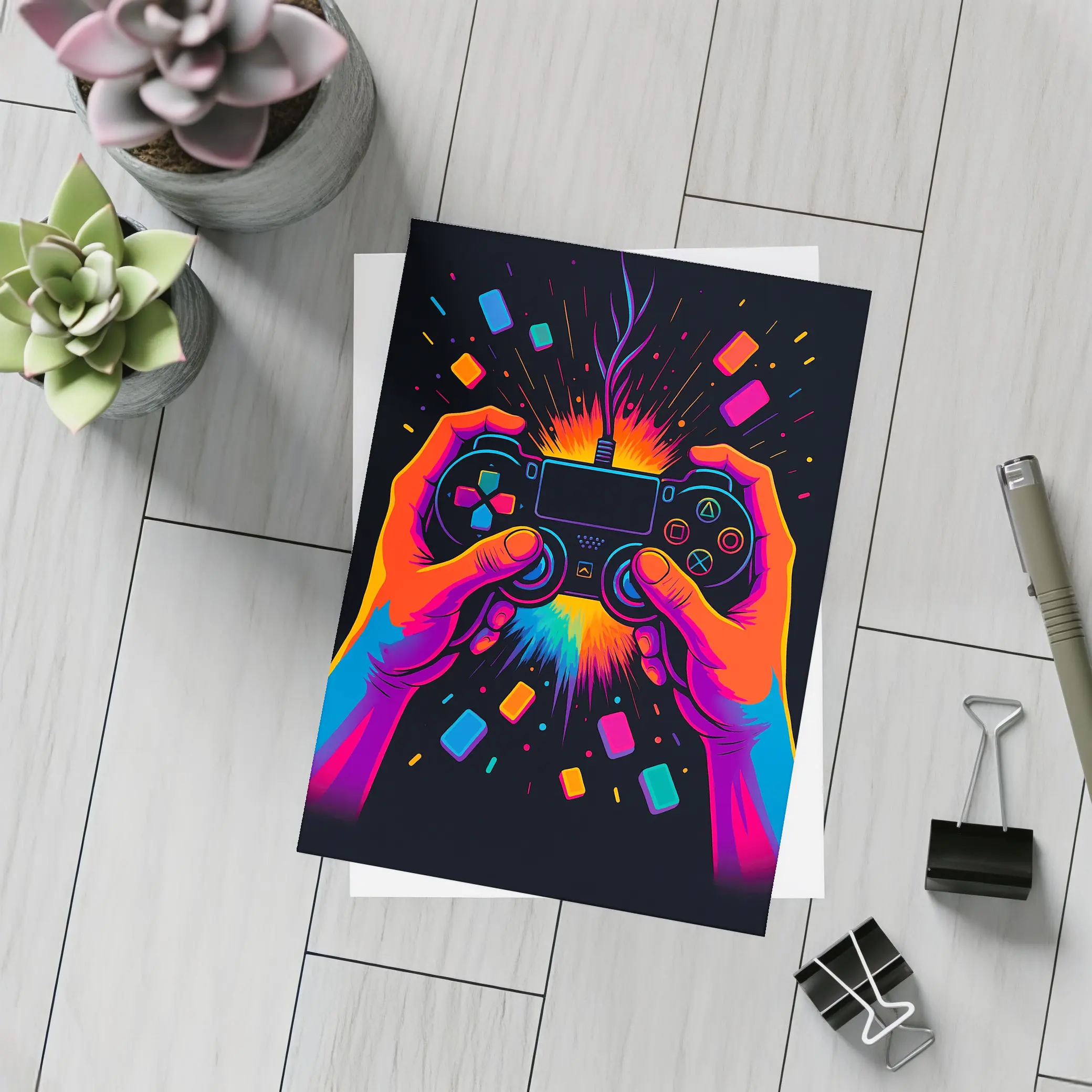 Neon Gaming Controller Hands Dark Background – Postcards