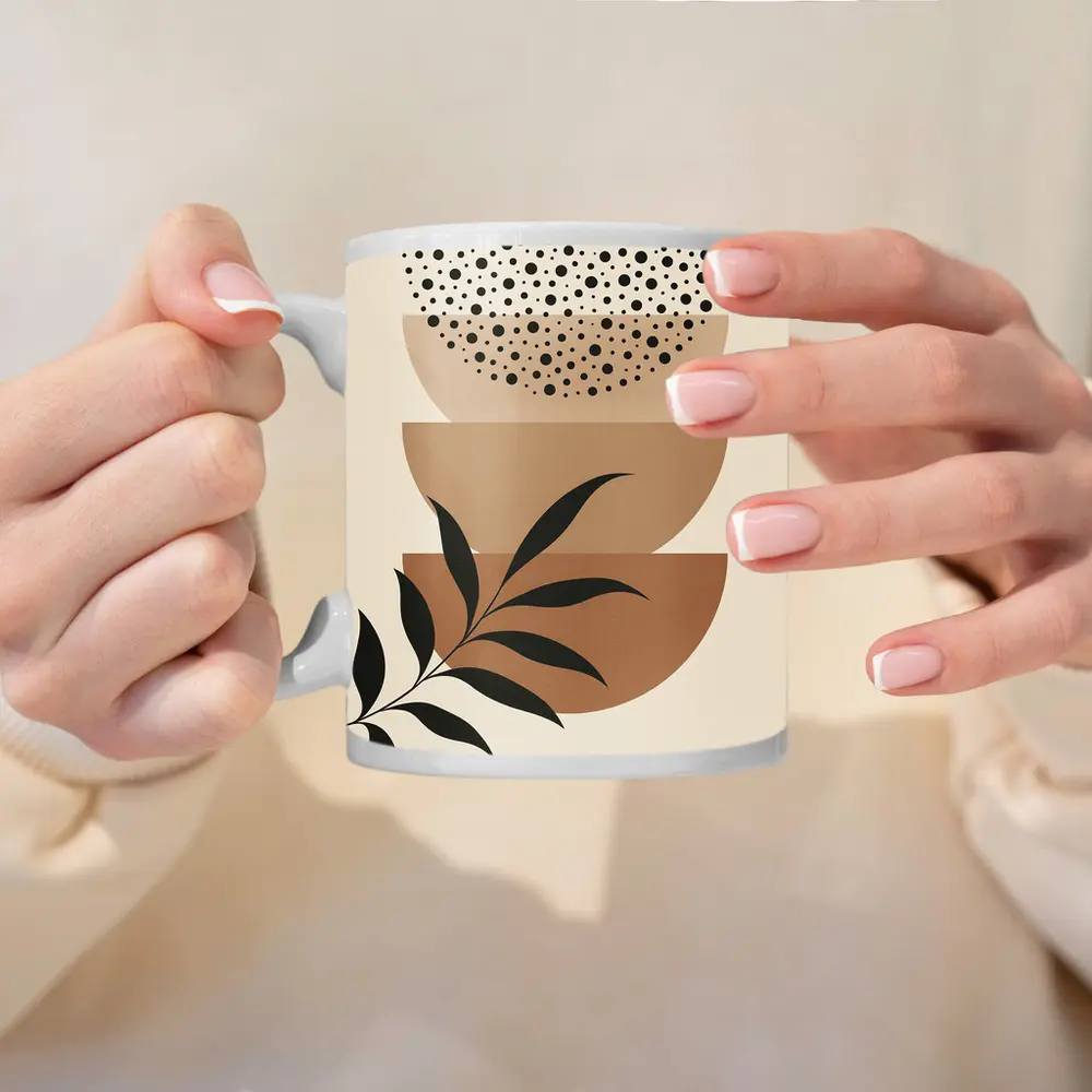 Boho Abstract Geometric Shapes With Leaf – Mugs