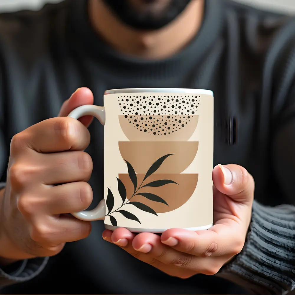 Boho Abstract Geometric Shapes With Leaf – Mugs