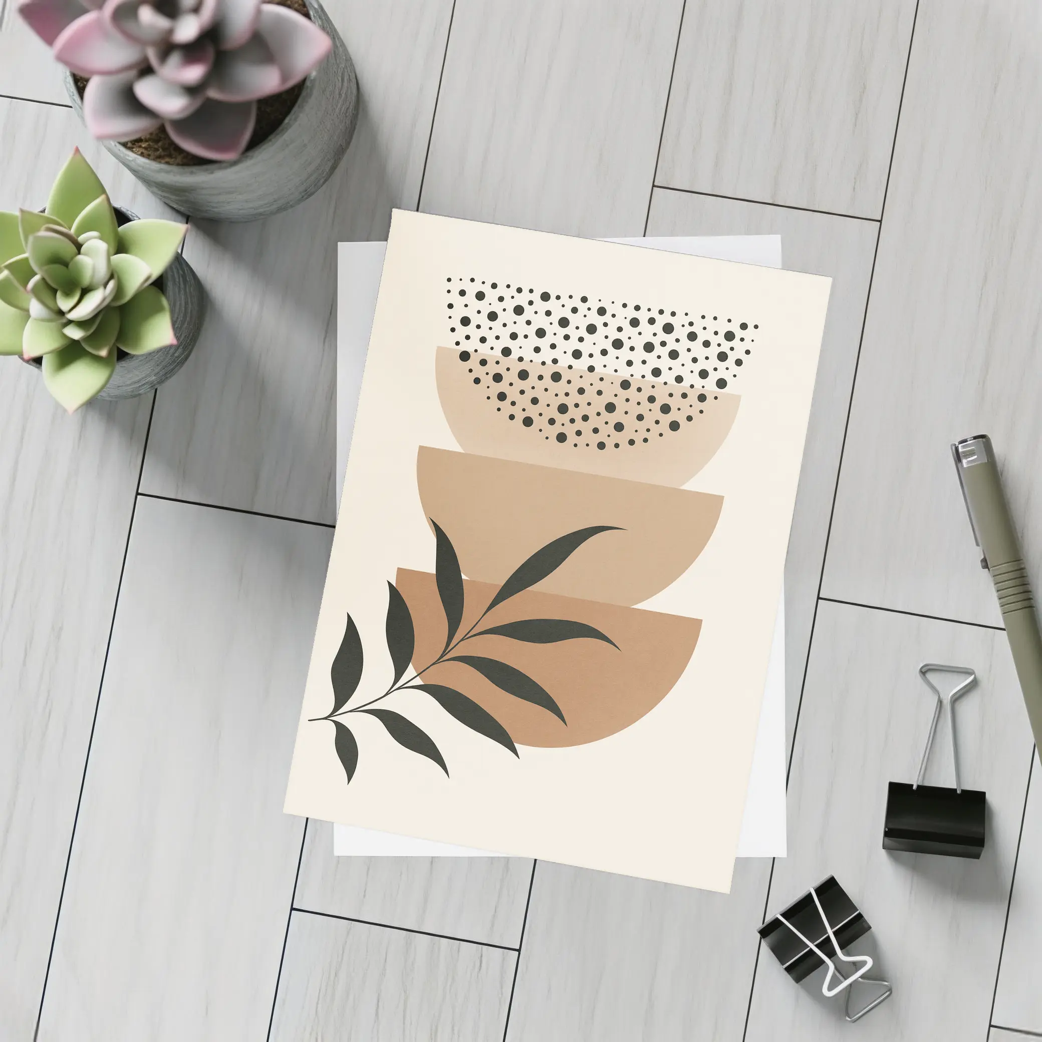 Boho Abstract Geometric Shapes With Leaf – Postcards