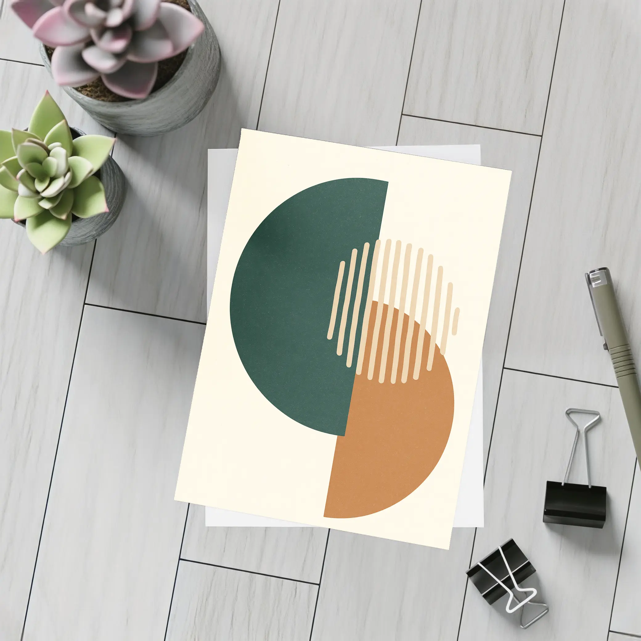 Geometric Shapes Forest Green Terracotta Beige Abstract – Postcards