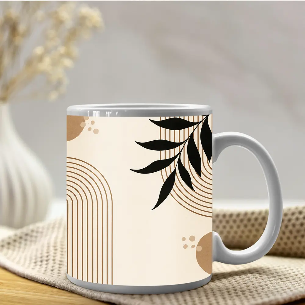 Boho Arch Lines Leaf Beige Abstract Art – Mugs