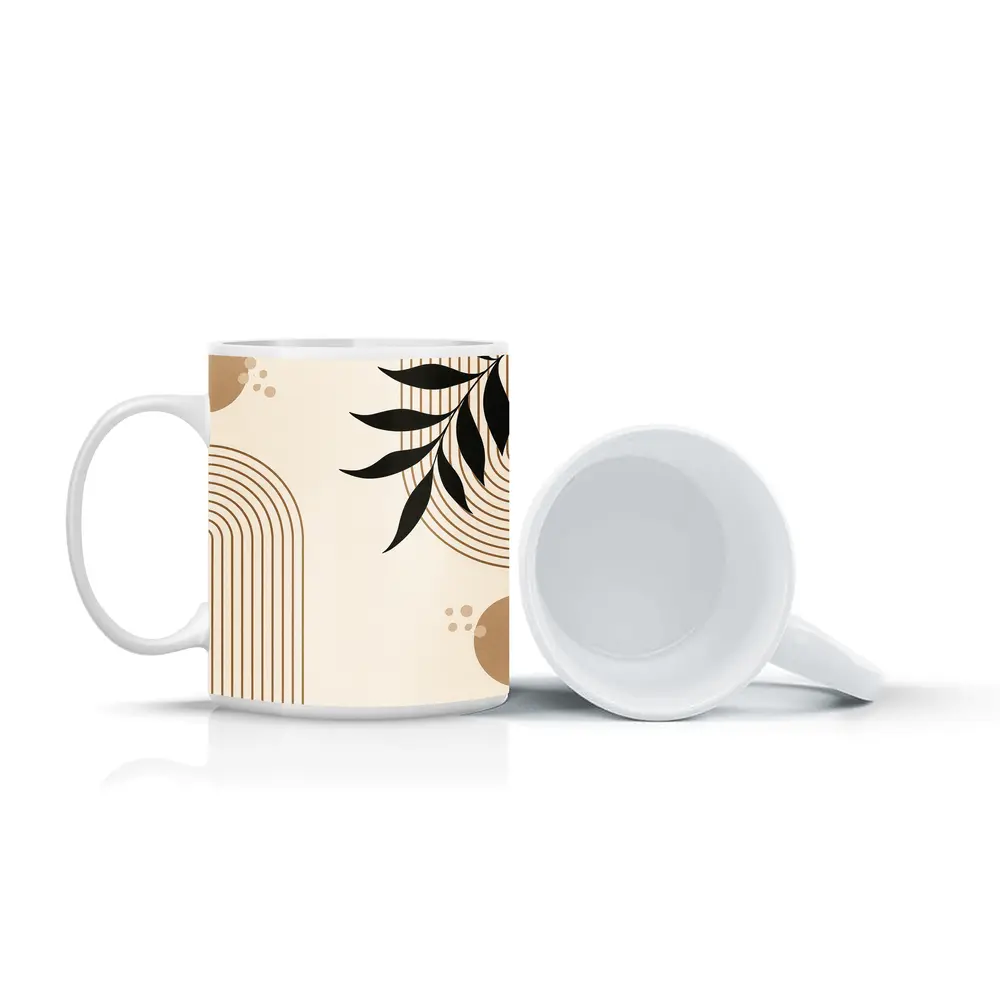 Boho Arch Lines Leaf Beige Abstract Art – Mugs