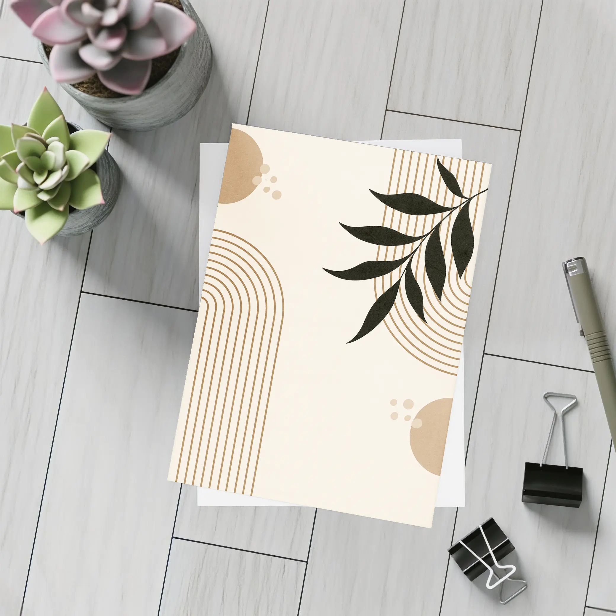 Boho Arch Lines Leaf Beige Abstract Art – Postcards
