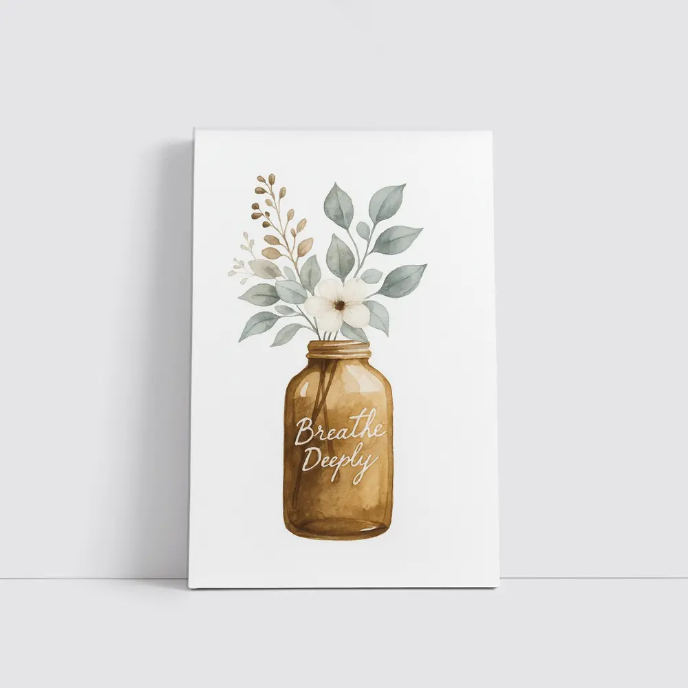 Breathe Deeply Mason Jar Watercolor Floral – Wall Art
