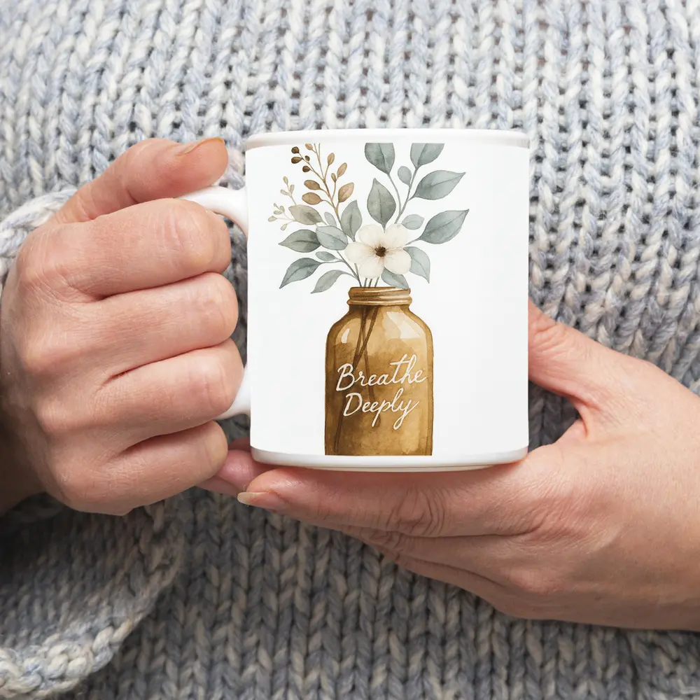 Breathe Deeply Mason Jar Watercolor Floral – Mugs