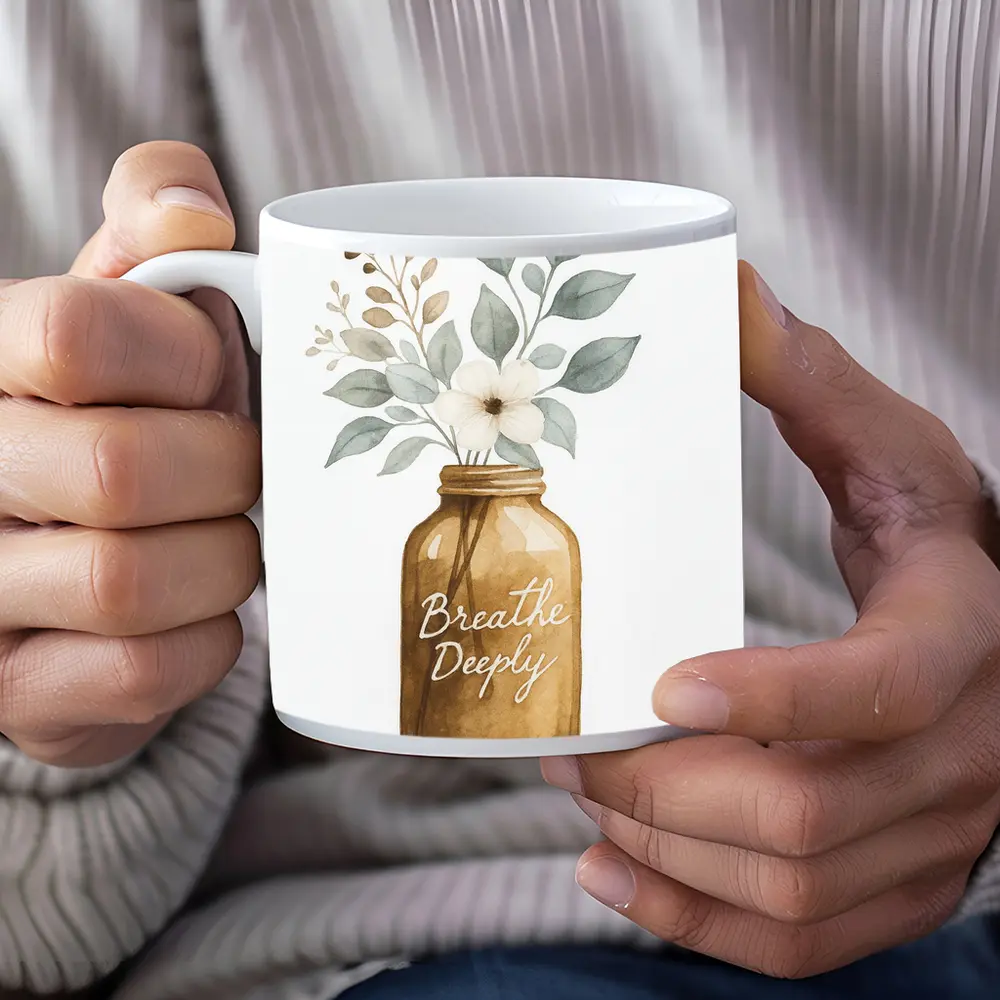 Breathe Deeply Mason Jar Watercolor Floral – Mugs