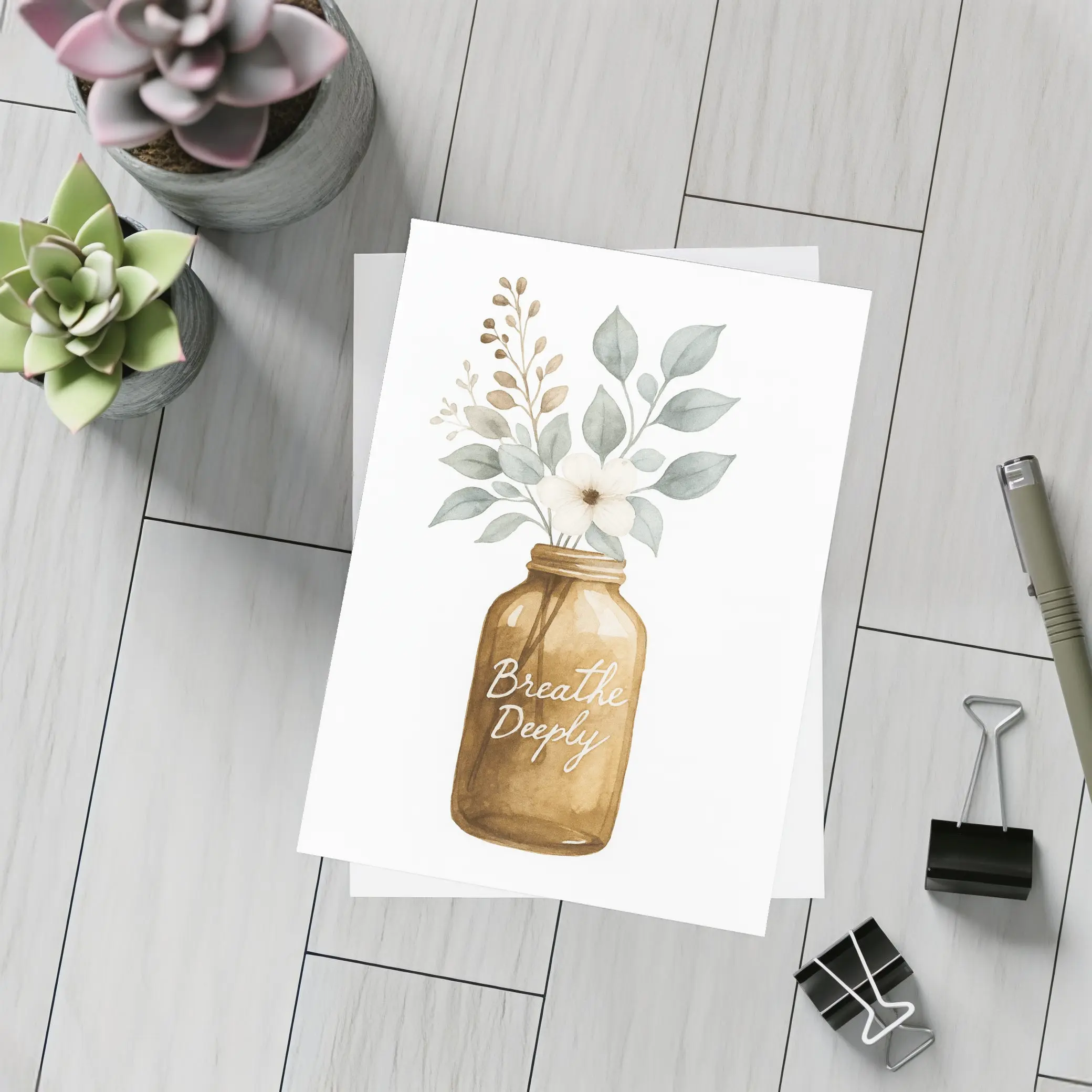 Breathe Deeply Mason Jar Watercolor Floral – Postcards