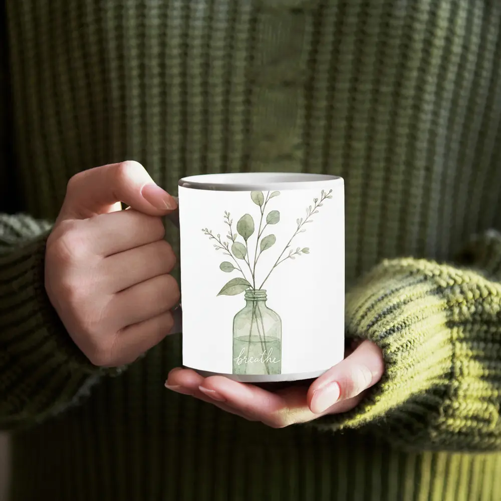 Watercolor Eucalyptus Branches Glass Jar Breathe – Mugs