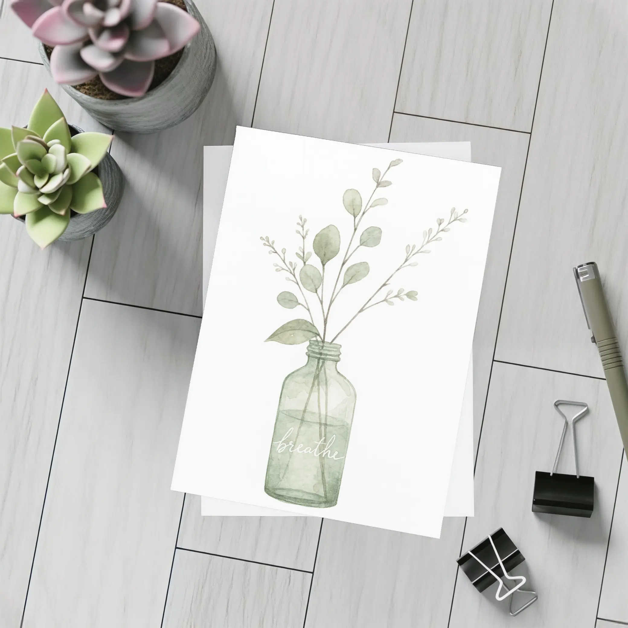 Watercolor Eucalyptus Branches Glass Jar Breathe – Postcards